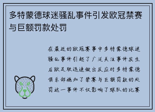 多特蒙德球迷骚乱事件引发欧冠禁赛与巨额罚款处罚